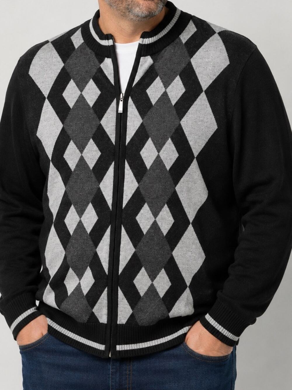 Sahara Club Argyle Zip Up Sweater Jacket Black Gray XXL